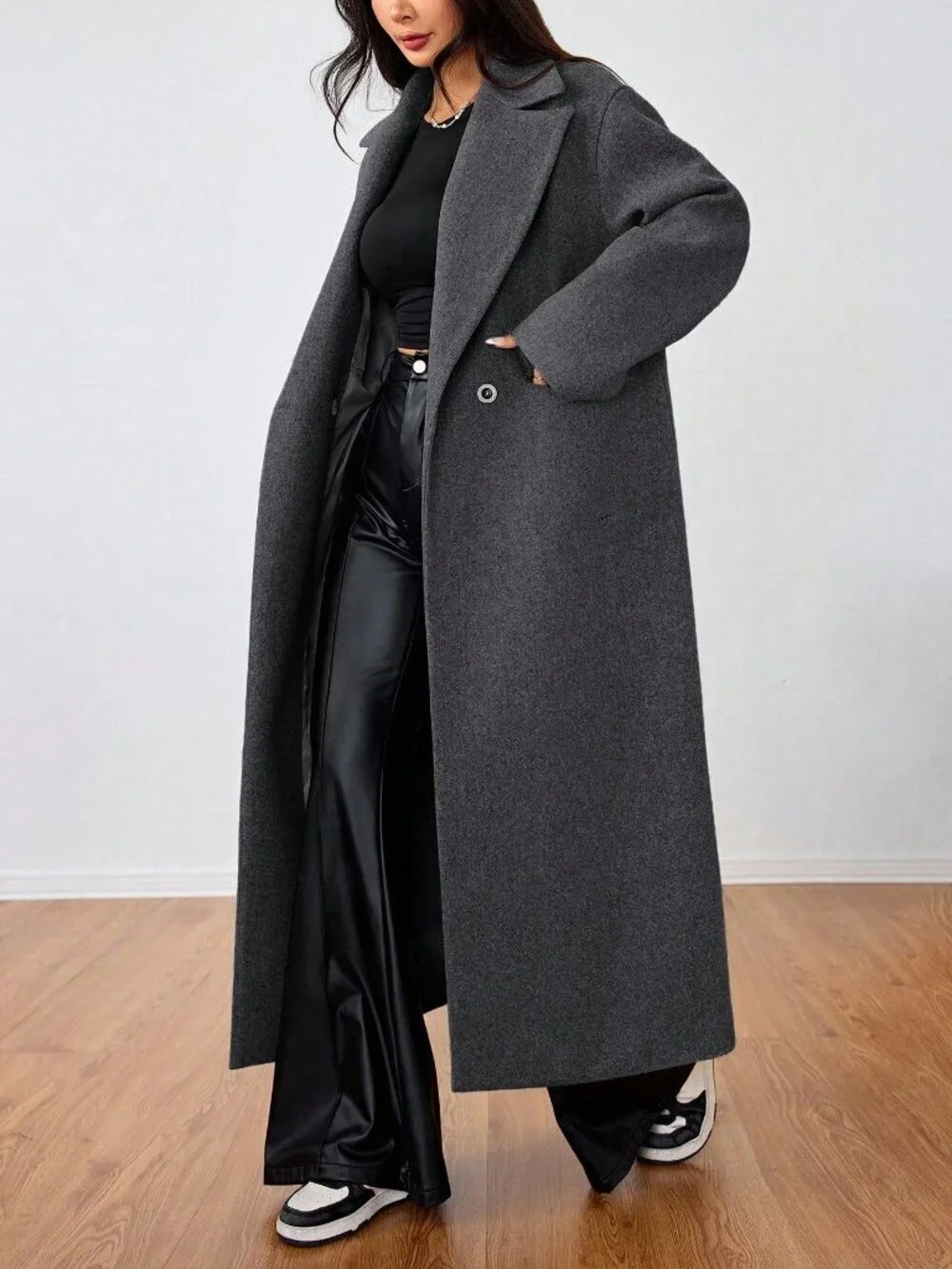 Dark Grey Casual Women's Lapel Long Overcoat jacket coat